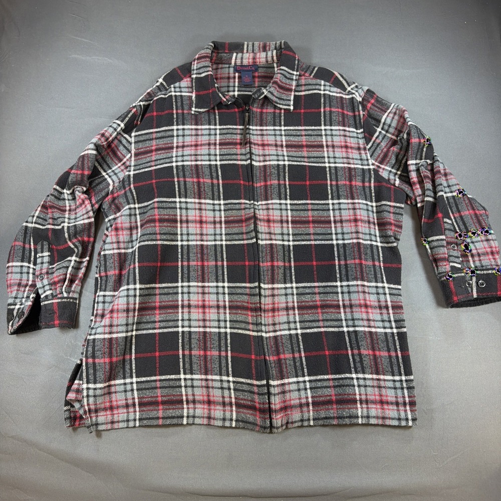 Denim & Co. full-zip plaid flannel shirt jacket in a black, red 1X